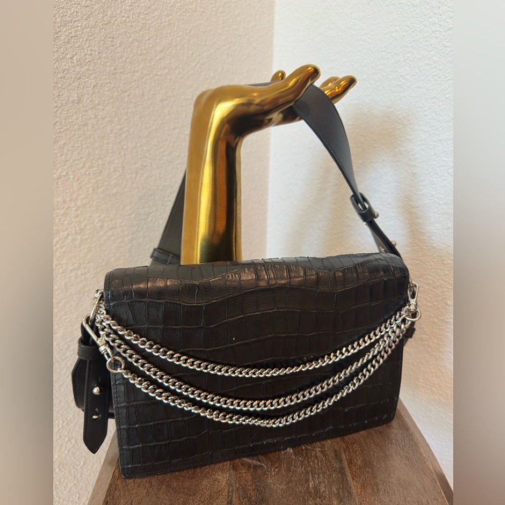 ALLSAINTS Black CrocZep Box Bag in Black Shoulder Bag